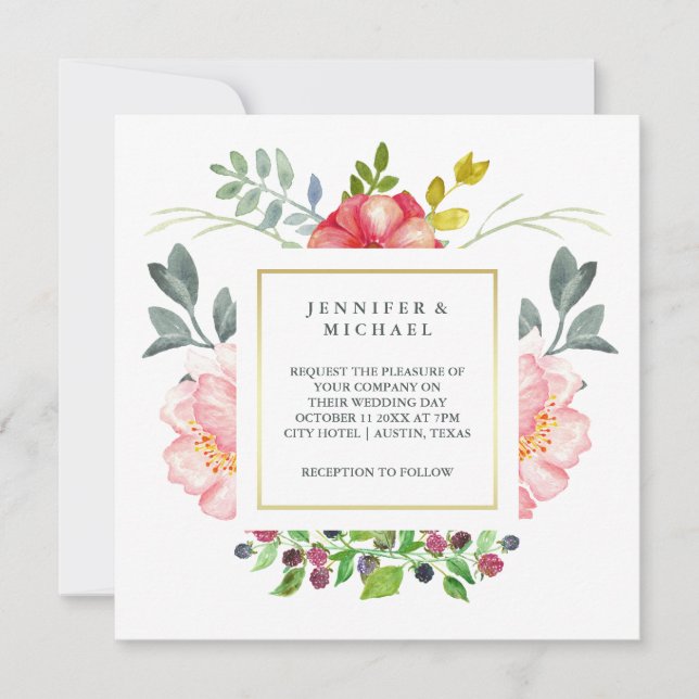 Invitación Peonies rosados bonitos de la acuarela con la boda (Anverso)