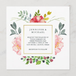 Invitación Peonies rosados bonitos de la acuarela con la boda