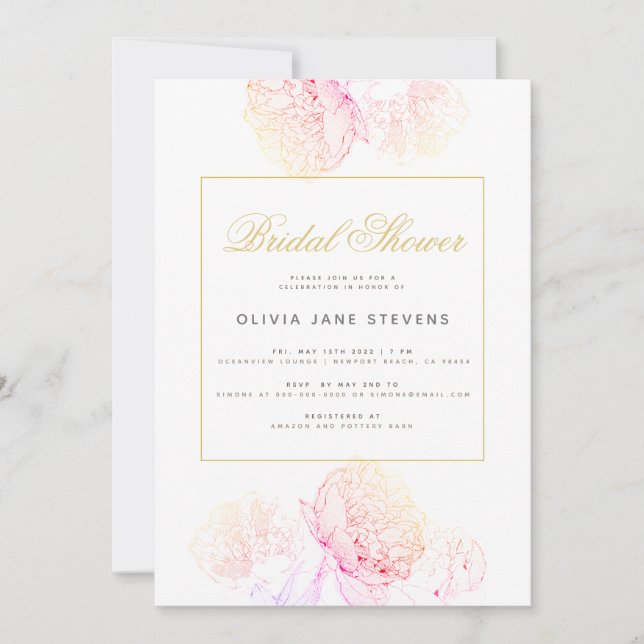 Invitación Peonies rosados elegante guión moderno ducha de no (Anverso)