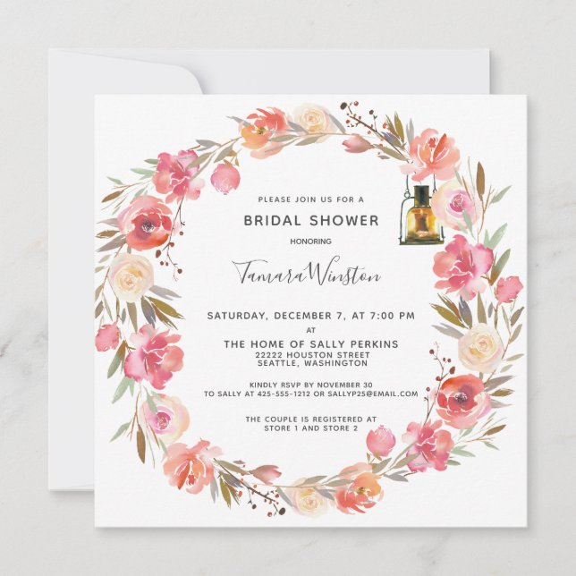 Invitación Peonies rosados Floral Gold Luces Brillantes Ducha (Anverso)