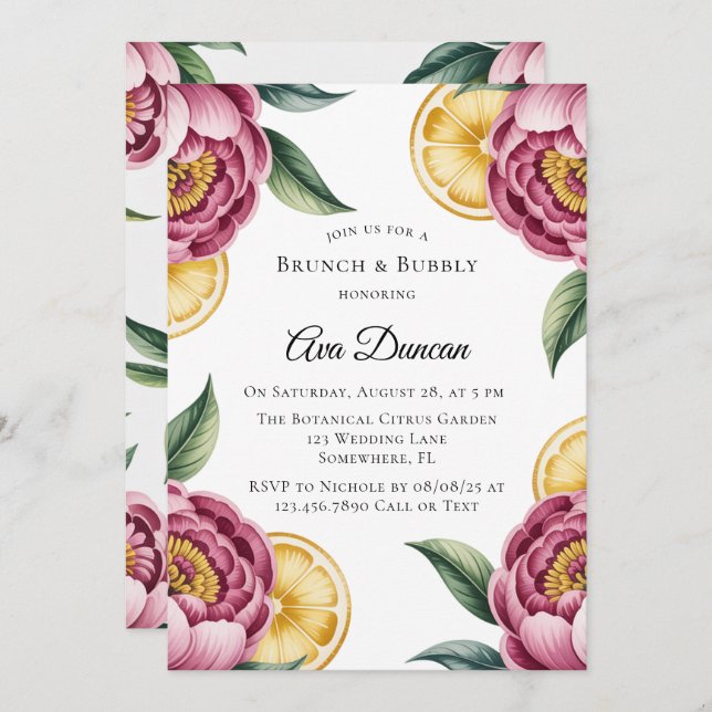Invitación Peonies rosados y brunch de limón y burbujas (Anverso / Reverso)