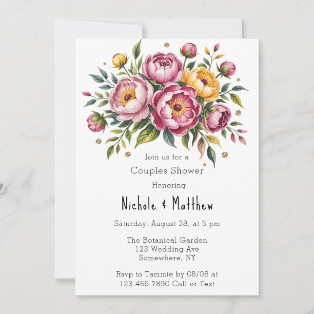 Invitación Peonies rosas y duchas de parejas amarillas floral (Anverso)