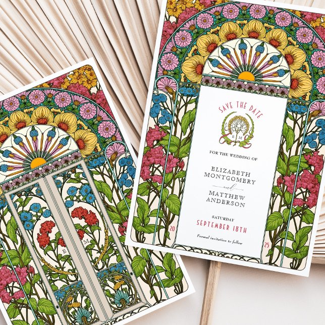 Invitación Peonies, Rosas y Sun Art Nouveau Salven la fecha (Subido por el creador)