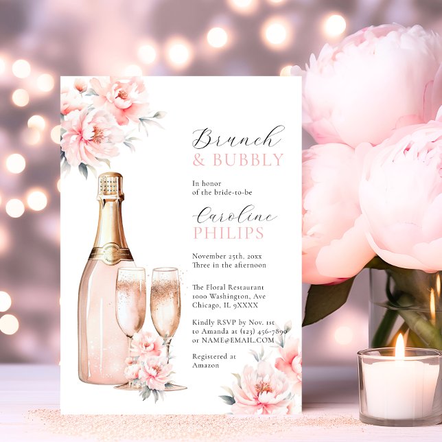 Invitación Peonies Rubor Brunch rosado y ducha de BRIDAL burb (Peonies Blush Pink Brunch & Bubbly BRIDAL SHOWER Invitation)