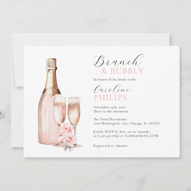 Invitación Peonies Rubor Brunch rosado y ducha de BRIDAL burb (Anverso)