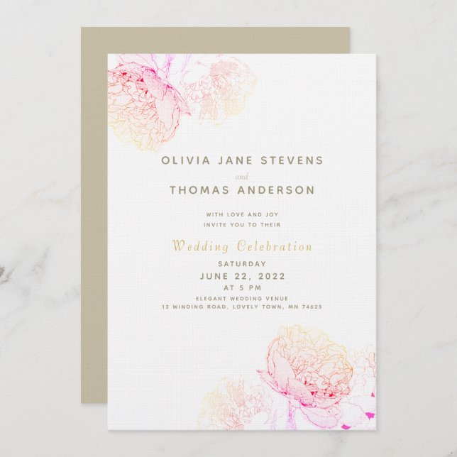 Invitación Peonies Rubor Gold Elegant Boda clásico moderno (Anverso / Reverso)