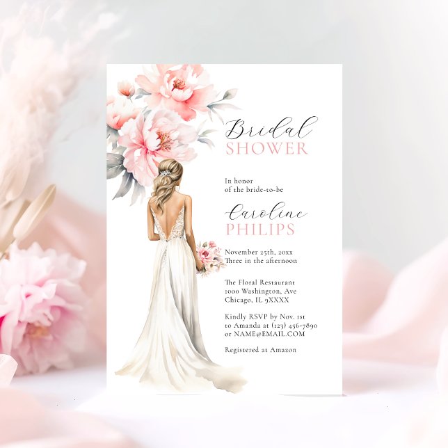 Invitación Peonies Rubor Ropa de novia rosa BRIDAL DUCHA (Peonies Blush Pink Bride Dress BRIDAL SHOWER Invitation)