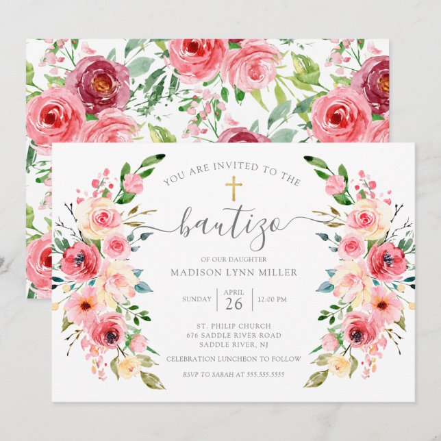Invitación Peonies Subió bautismo floral español (Anverso / Reverso)