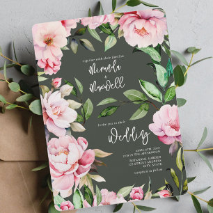 Invitación Peonies Watercolor Dark Green Boda