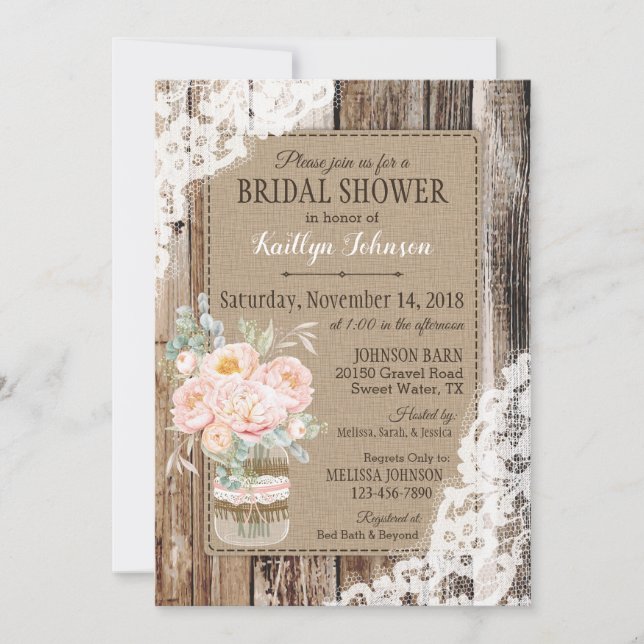 Invitación Peonies Wood Lace Rustic Bridal Shower (Anverso)