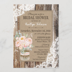 Invitación Peonies Wood Lace Rustic Bridal Shower
