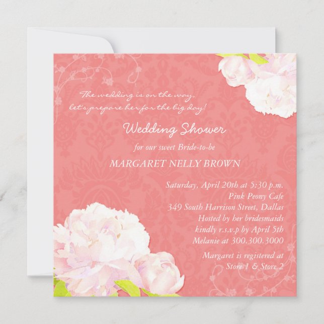 Invitación Peony Blooms Coral Brial Shower (Anverso)