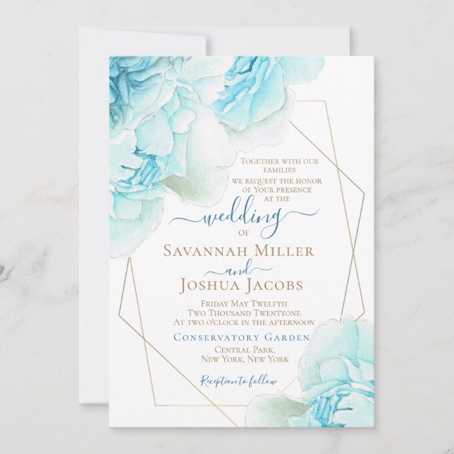 Invitación Peony boda polvoriento azul acuarela boda floral (Anverso)