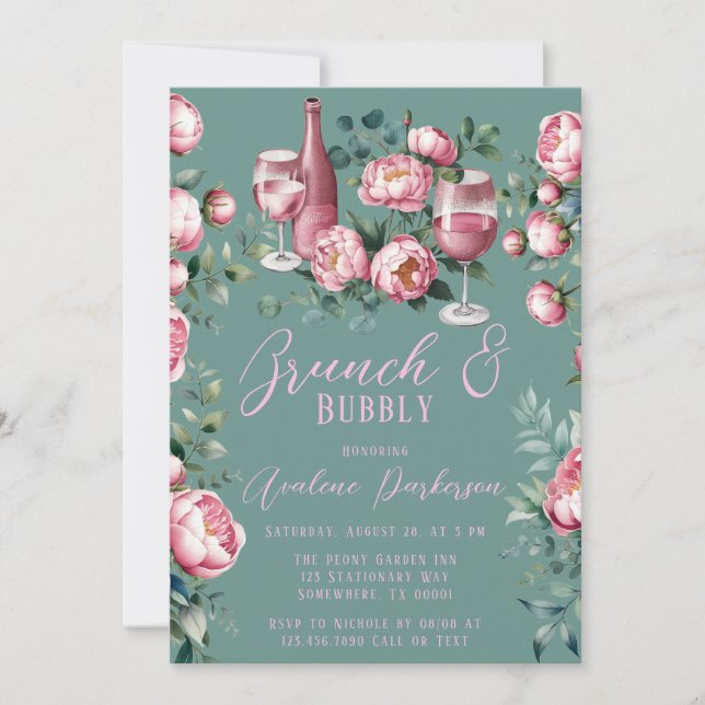 Invitación Peony Bouquet en el Brunch acuático y burbuja (Anverso)