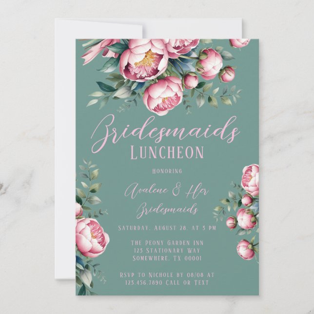 Invitación Peony Bouquet In Watercolor Bridesmaids Luncheon (Anverso)