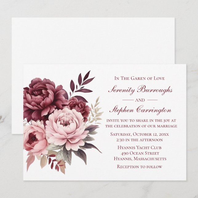 Invitación Peony Burgundy Boda Floral de acuarela rosa (Anverso / Reverso)