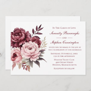 Invitación Peony Burgundy Boda Floral de acuarela rosa