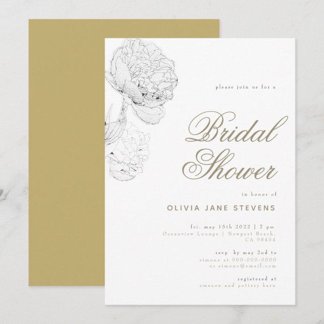 Invitación Peony BW Gold Elegant Script Floral Bridal Shower (Anverso / Reverso)