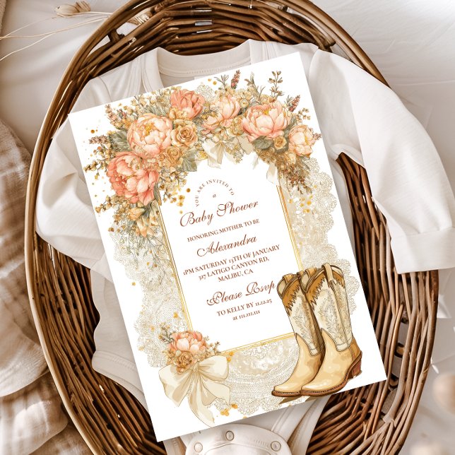 Invitación Peony de Rustic Boots Baby Shower (Subido por el creador)