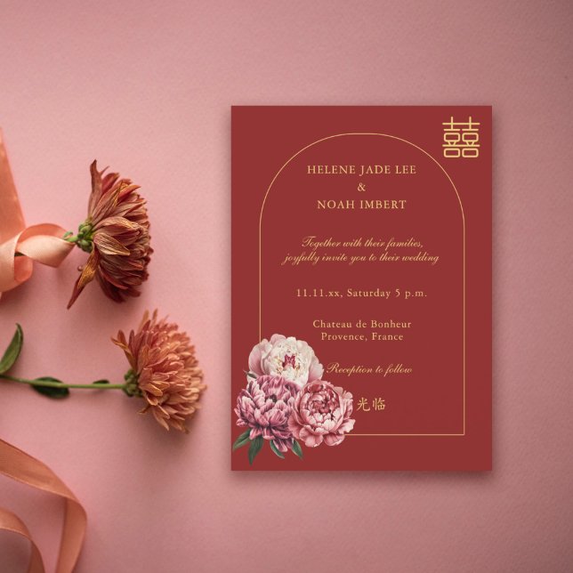 Invitación Peony Double Happiness Modern Chinese Red Boda (Subido por el creador)