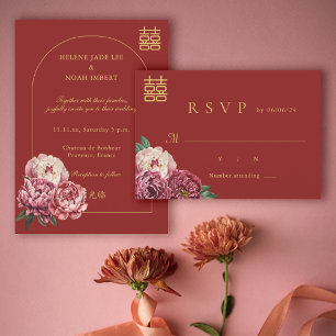 Invitación Peony Double Happiness Moderna China RSVP Boda
