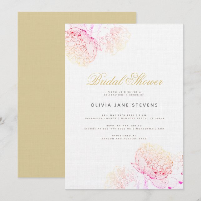 Invitación Peony Elegant Modern Script Floral Bridal Shower (Anverso / Reverso)