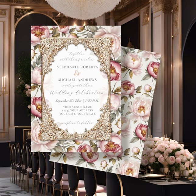 Invitación Peony Elegent Floral Gold con Boda rosa y crema (Subido por el creador)