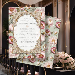 Invitación Peony Elegent Floral Gold con Boda rosa y sabio