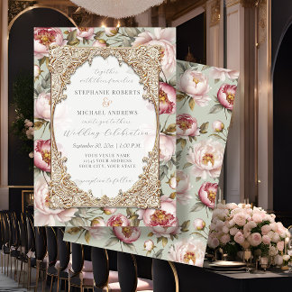 Invitación Peony Elegent Floral Gold con Boda rosa y sabio