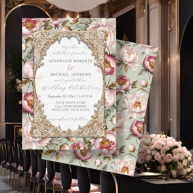 Invitación Peony Elegent Floral Gold con Boda rosa y sabio (Subido por el creador)