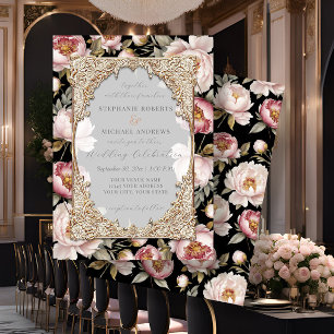 Invitación Peony Elegent Floral Gold con rosa y Boda negro
