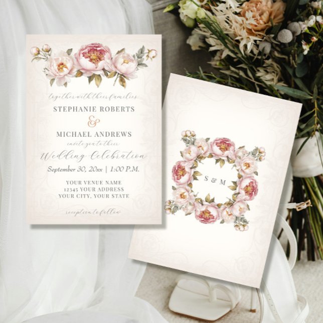 Invitación Peony Elegent Floral Rubor Boda de Marfil Rosa (Subido por el creador)