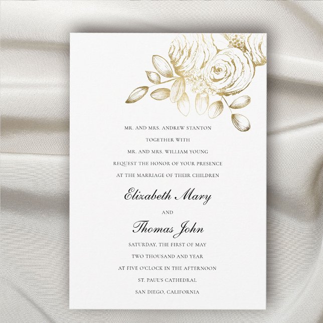 Invitación Peony Faux Gold Sketch Boda formal tradicional (peonies wedding invitation formal traditional elegant faux gold floral sketch fine art luxury unique)