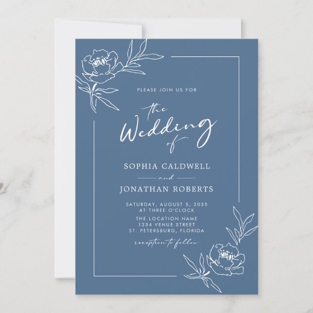 Invitación Peony Floral All in One Dusty Blue Boda (Anverso)