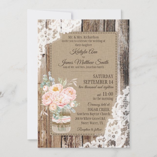 Invitación Peony Floral Bouquet Wood Lace Rústico Boda (Anverso)