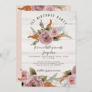 Invitación Peony floral rústico Dusty Pink primer cumpleaños