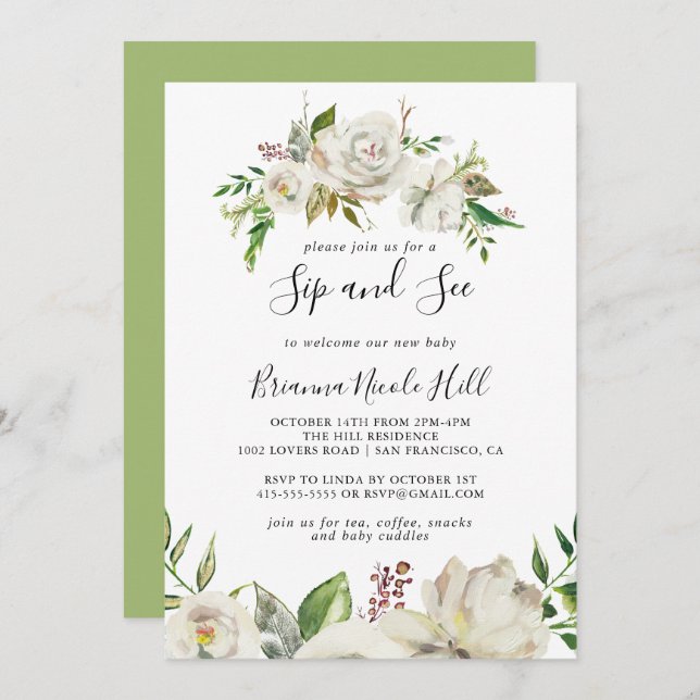 Invitación Peony Floral Sip y See en invierno blanco (Anverso / Reverso)