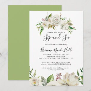 Invitación Peony Floral Sip y See en invierno blanco