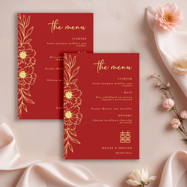Invitación Peony Flowers Modern Chinese Red Gold Wedding Menu (Subido por el creador)