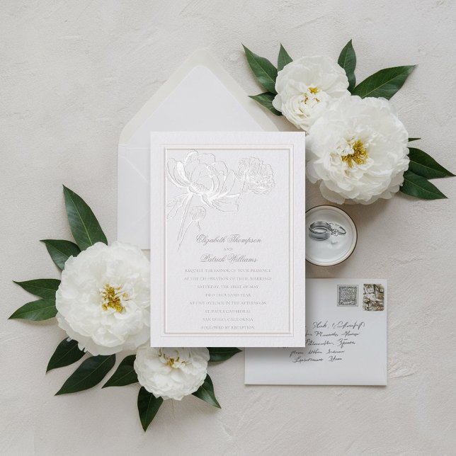 Invitación Peony Formal Moderno Clásico Elegante Boda de Marf (faux embossed peony wedding invitation formal traditional ivory frame calligraphy modern classic)