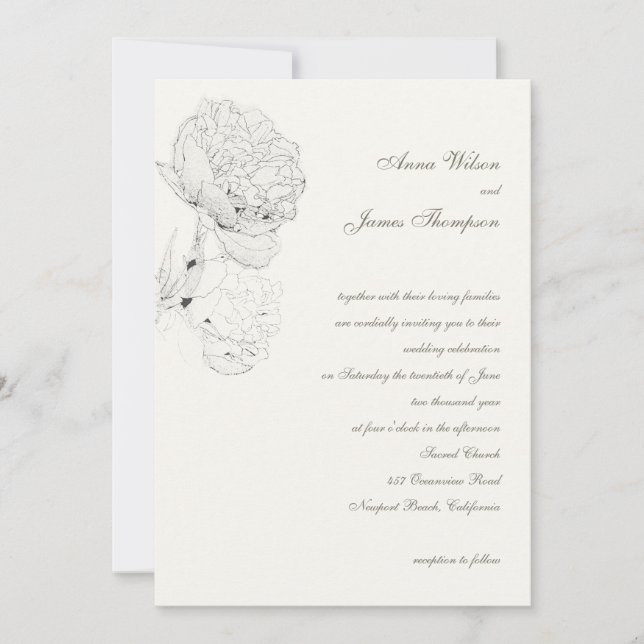 Invitación Peony Ink Sketch Ivory Elegory Calligraphy Boda (Anverso)