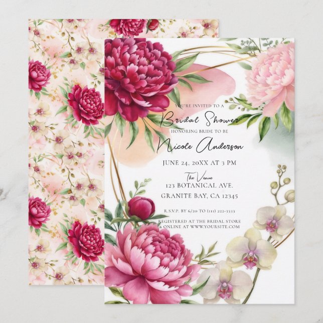 Invitación Peony & Orchid Garden Floral Glam Bridal Shower (Anverso / Reverso)