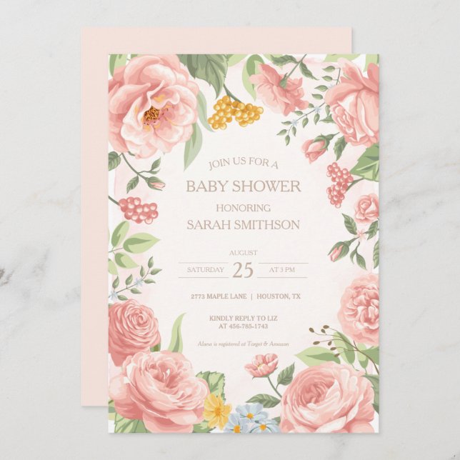 Invitación Peony Pink Botanical Baby Shower (Anverso / Reverso)