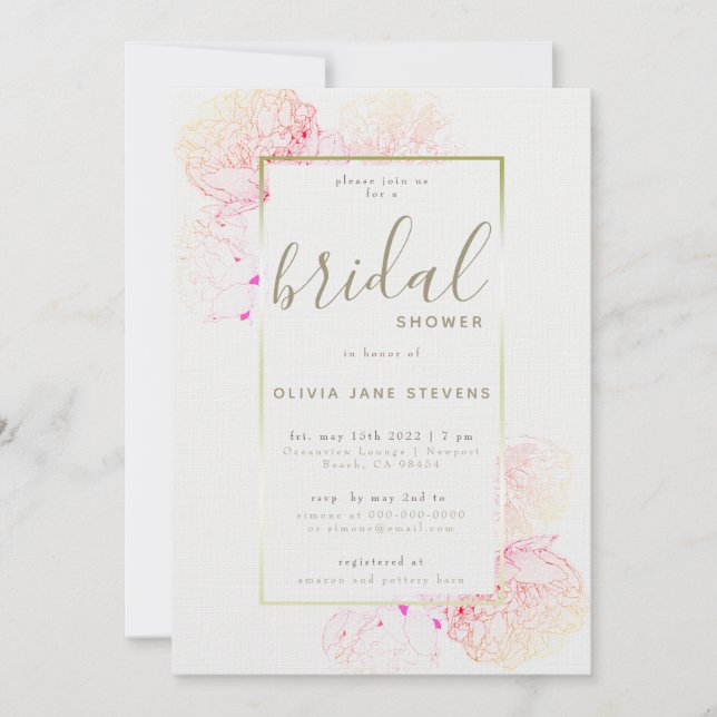 Invitación Peony Pink Gold Elegant Floral Frame Bridal Shower (Anverso)