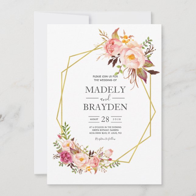 Invitación Peony Pink Rubor y Gold Boda (Anverso)