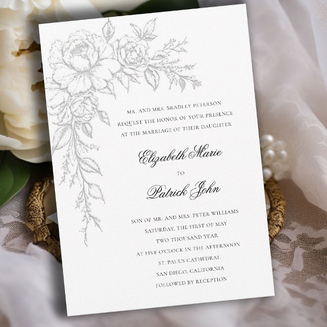 Invitación Peony Radiant White Elegant Formal Classic Wedding (peony wedding invitation formal traditional modern classic art sketch black white parents host)