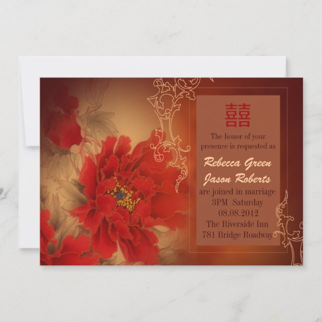 Invitación Peony rojo doble felicidad boda chino (Anverso)