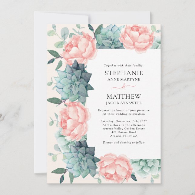 Invitación Peony Rosa Polvoriento Suculta a Eucalyptus Boda (Anverso)