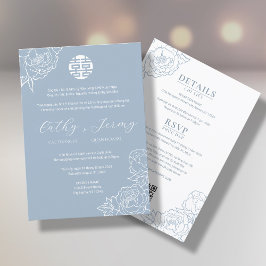 Invitación Peony Song Hy Dusty Blue bilingüe vietnamita bilin