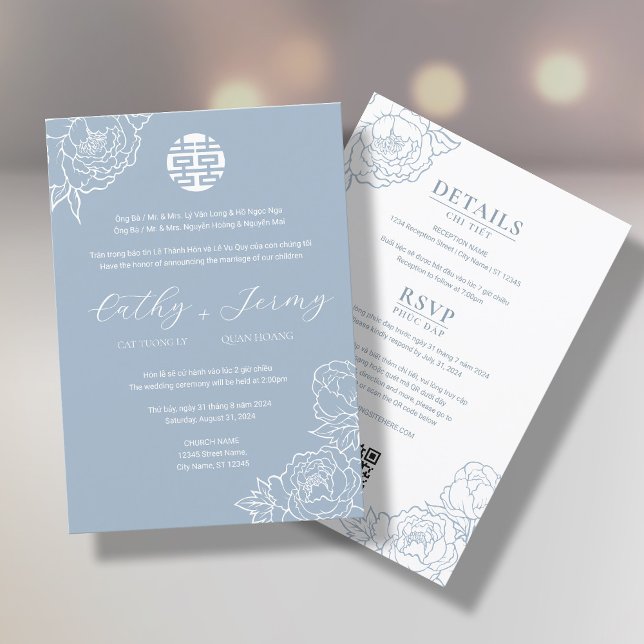 Invitación Peony Song Hy Dusty Blue bilingüe vietnamita bilin (Subido por el creador)